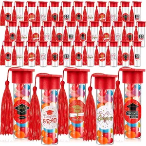 50 Sets 2026 Graduation Clear Plastic Candy Tubes Bulk Jars with Label Stickers Tassel Cap Gumball Containers for Graduation Party Favors DIY Prize Items (Red)