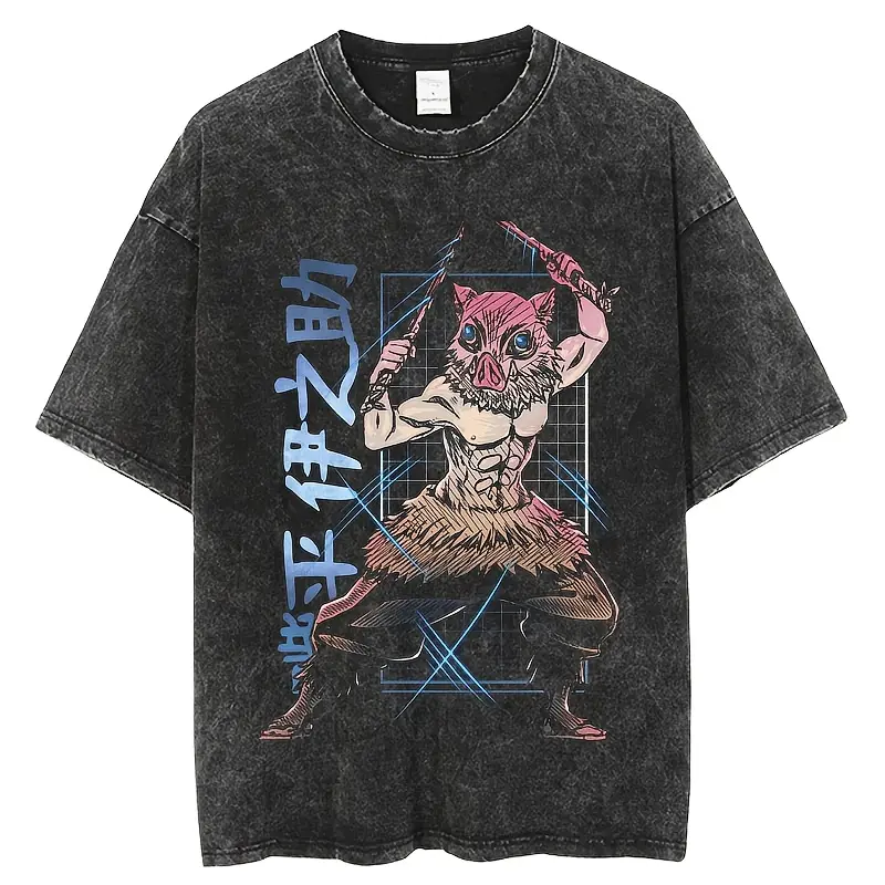 Men's Classic Retro Inosuke Graphic Tee, Personalized Demon Slayer Streetwear Shirt for M to 2XL, Shortsleeve & Round Neck, Covers Body Shape, Excellent Gifts, Tshirt, Fitted Cut, All Seasons