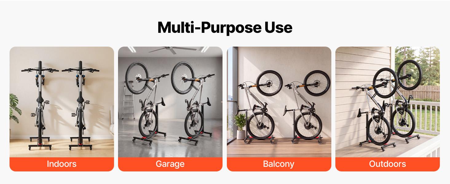 【BackToSchool】VEVOR 2-Pack Durable Carbon Steel Floor Standing Bicycle Rack, Lockable 360° Rotating Wheels, 5-Level Adjustable Height Upright, 20-29 in Tire Width Fit, Rust Resistant for Mountain Bikes