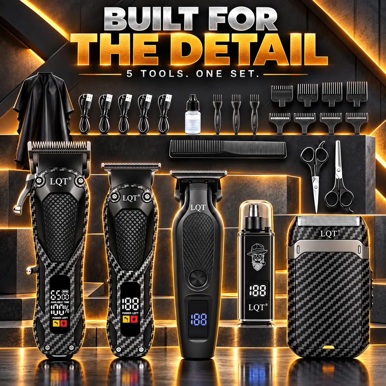LQT 5-in-1 Hair Clippers for Men, Cordless Barber Clipper and Trimmer Set with 2 T-Blade Trimmers, Single Foil Shaver, Nose Hair Trimmer, LED Display, USB Rechargeable Men’s Grooming Kit, Black Carbon Fiber Smooth