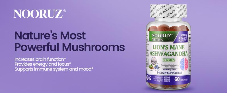 TikTokShopBlackFriday NOORUZ Brain Booster Gummies - 4-in-1 Anti-Aging Formula with Lion's Mane, Ashwagandha & Magnesium - Blueberry Flavor - 60 Gummies - Gluten-Free, Vegan, Non-GMO - 3-Pack Bundle Adaptogenic Mushrooms Supplement