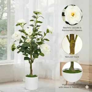 Artificial Camellia Tree with Flowers, Realistic Artificial Faux Plants, Decorative No-Maintenance Ornament for Indoor Home & Outdoor Garden Decoration