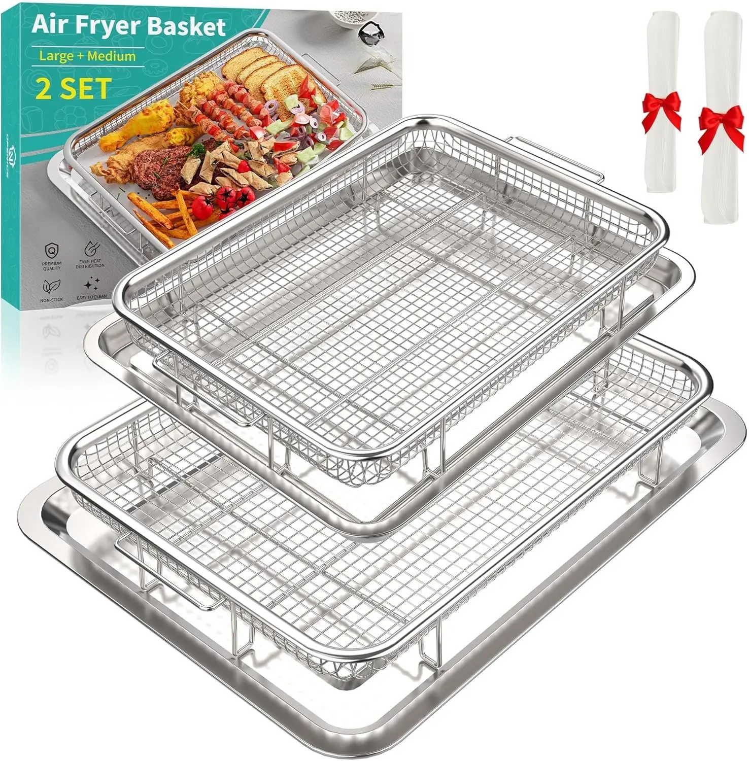 Air Fryer Basket,  2 Set Air Fryer Pan and Crisper Tray for Oven, Non-stick Oven Air Fryer Basket for Baking and Crispy Foods - Large & Medium