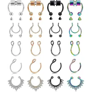 24 PCS Fake Nose Ring Hoop Fake Nose Stud Magnetic Septum Nose Ring Stud Stainless Steel CZ Fake Nose Piercing Stud Faux Nose Ear Lip Cuffs Non Pierced Jewelry for Women Men