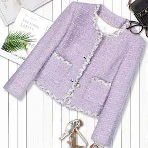 Fashionable Socialite Plush Top New Purple Coarse Wool Knit Round Neck Floral Trim Patchwork Long Sleeve Button Double Pocket Jacket Knitwear Womenswear Fitted Chic Elegant Coats - Casual, Casual Everyday Wear