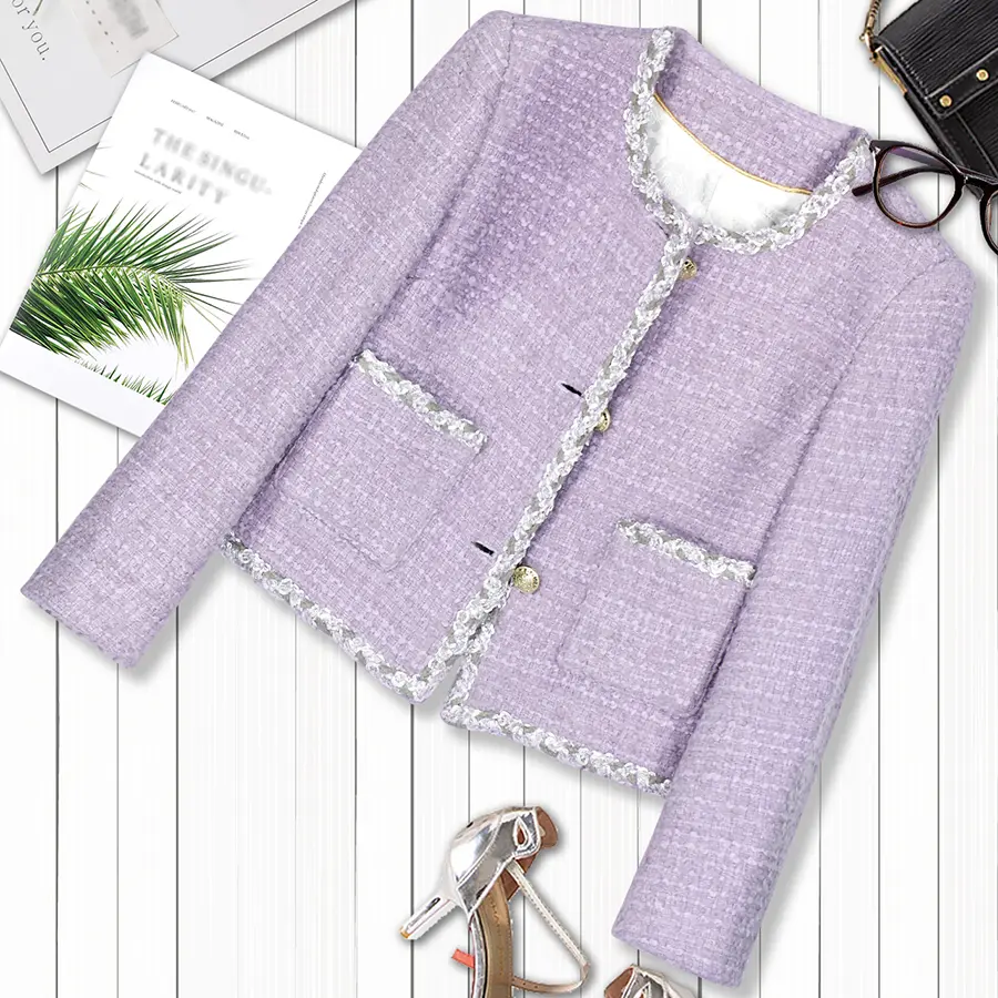 DS Unique Design Coats, Women's Socialite Fitted Tweed Outerwear with Floral Trim, Round Neck Button-Up with Pocket, Wool, Knit, Lady, Fashion, Jacket, Plush, Clothes, Medium Length, Casual, Color-Sorted Wash, Contrast Binding, Cool Iron, Long Sleeve, Kni
