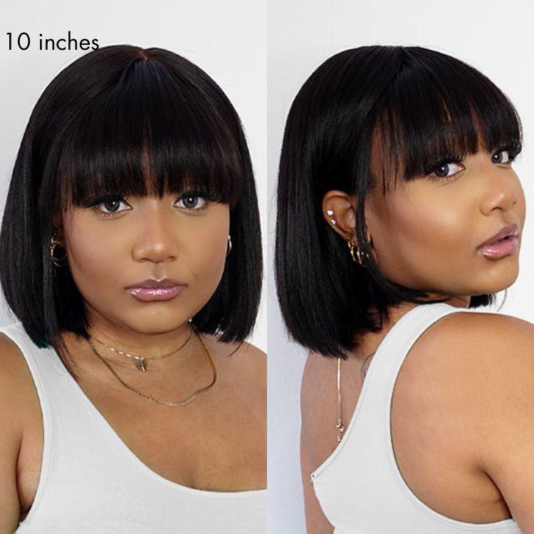 Put On And Go Reddish Purple Layered Cut Yaki Straight Minimalist Lace Bob Wig With Bangs 100% Human Hair