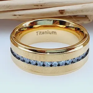 Yellow Gold Wedding Band for Men - Diamond Titanium Couple Ring