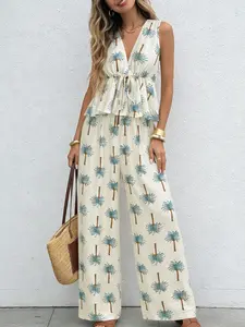 Two piece women's bohemian style coconut tree print set, V-neck sleeveless drawstring waist cinched top, fashionable drape wide leg pants, versatile for commuting and dating, suitable for summer, vacation, indoor, outdoor wear, Boho