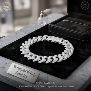 15mm Bubble Chain Cuban Chain, Full Set Zircon Bracelet, Hiphop Street Trendy Personalized Hip Hop Jewelry