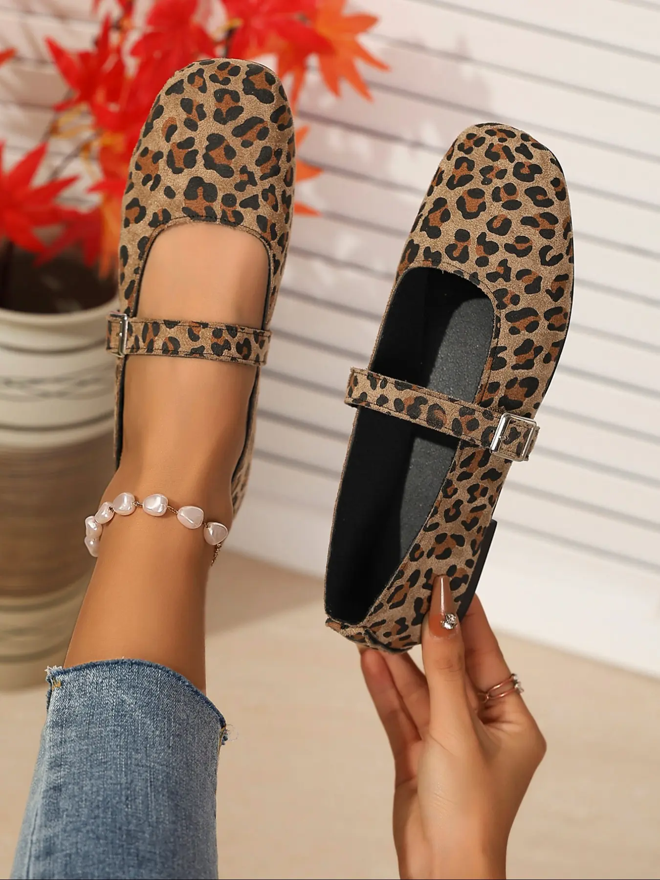 Women's Fashion Leopard Print Mary Jane Shoes, Vintage Square Toe & Buckle Design, Soft Flat Sole Comfort, Casual Commute & Mary Jane Flats, Summer Flats, Casual Textile Shoes