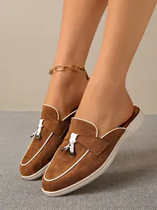 Contrast Slip-On Mules, Casual Canvas Shoes with Metal Buckle, Flat Half-Flip Flops, European Style, No Heel, Comfortable, Rubber, Walking Shoes