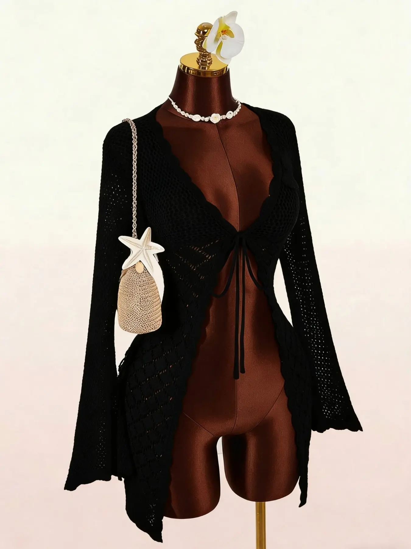 New Summer Autumn Women's Solid Color Hollow Out Long Sleeve Knit Cardigan, Beachside Vacation Lazy Chic Sweater Vest Coat