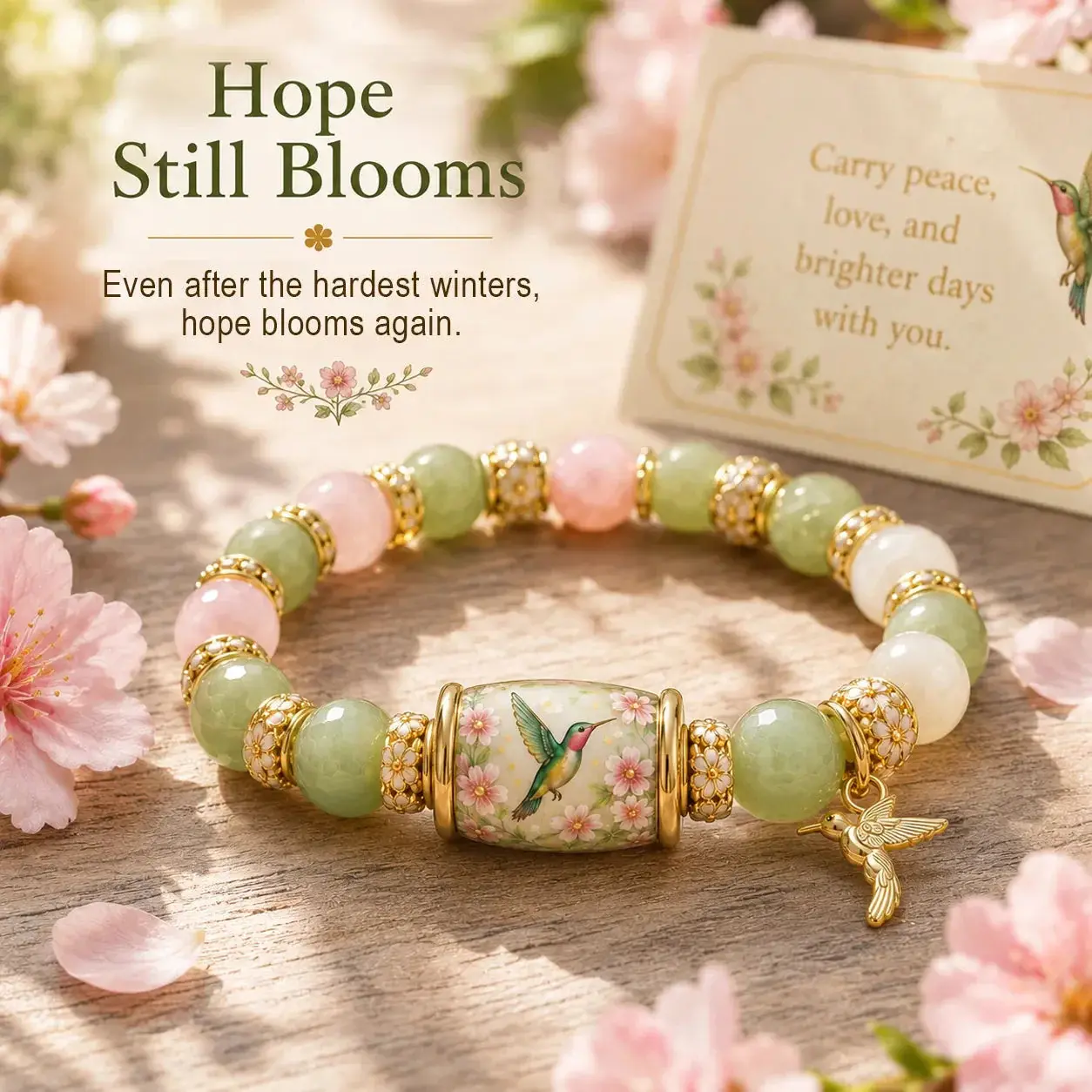 Hope Still Blooms Hummingbird Floral Beaded Bracelet, Pink Cherry Blossom Jade Stone Bracelets for Women, Inspirational Peace Love Healing Crystal Jewelry Gift