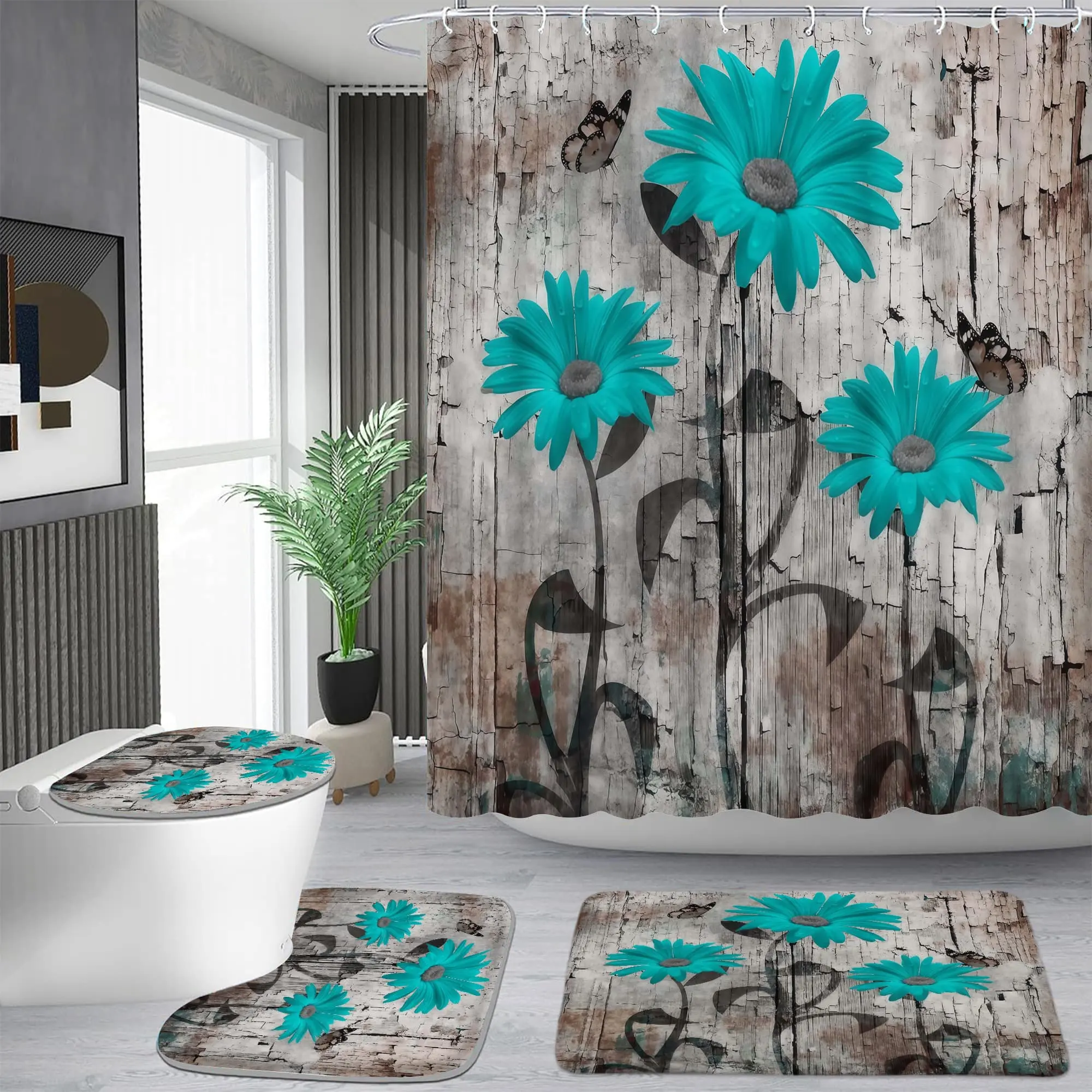 Tiffany blue daisy old wood pattern shower curtain set, waterproof shower curtain with 12 hooks, non-slip bathroom carpet, toilet U-shaped cushion, toilet seat cover cushion, bathroom shower curtain set, perfect moving gift.