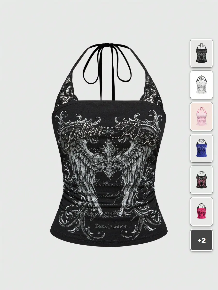 LACEX 2 In 1 Halter Top Y2K Concert Punk Print Contrast Lace Going Out Top