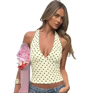 Women's 2026 Spring Halter Neck Deep V Polka Dot Ruched Bust Open Back Crop Top with Soft Stretchy Fabric Sexy Elegant Glamorous Chic Slim-Fit Party Cami Tops