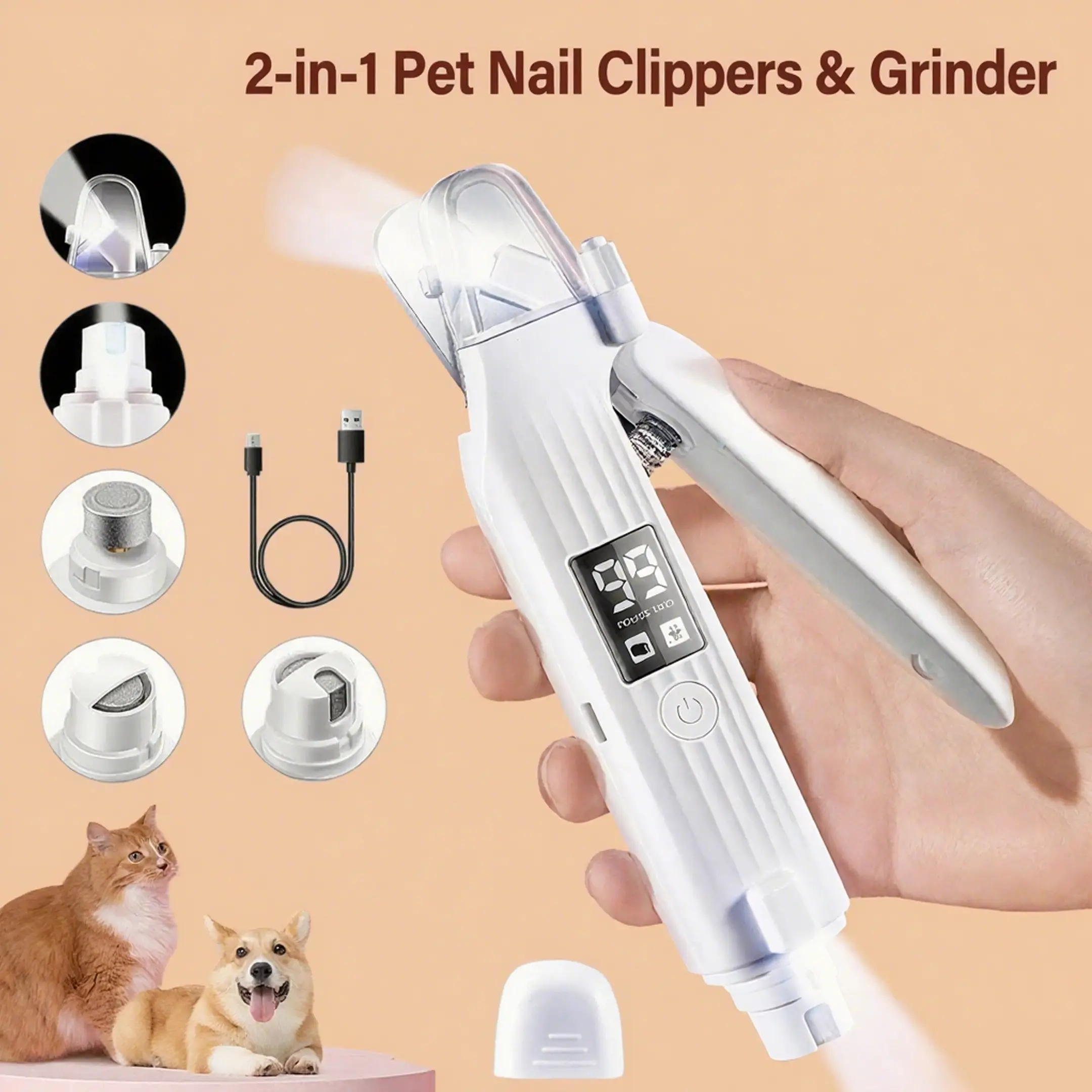 2 in 1 Pet Nail Clipper & Grinder - Multifunctional Dogs & Cats Nail Trimmer and polisher Painless Grinding with LED rechargeable Safety Guard Ultra q