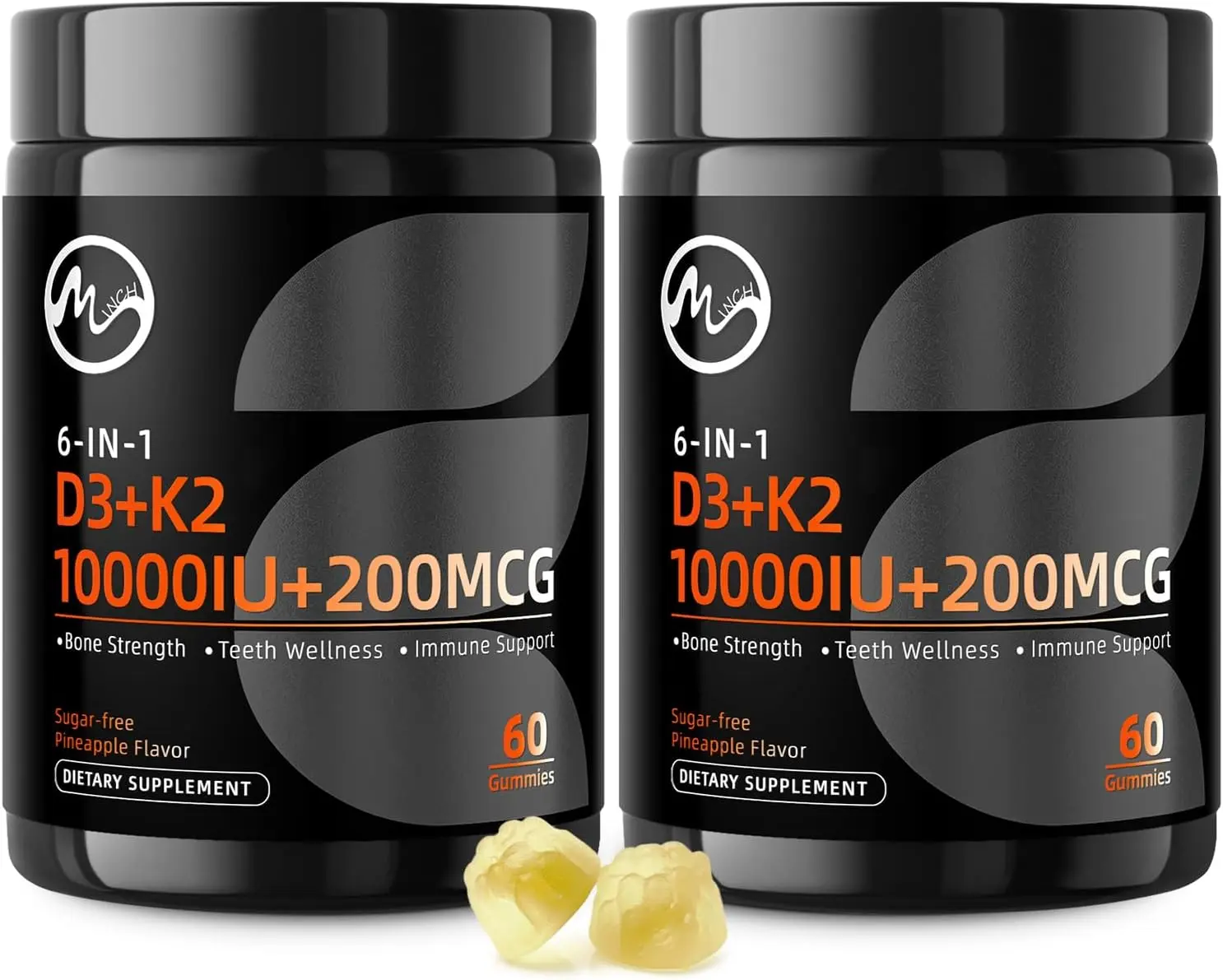 M inch Vitamin D3 K2 Gummies, Vitamin D3 10000IU, K2 (MK-7) 200mcg, 2 Pack | 6-in-1 Vitamina D3 con K2 Supplement with Omega-3 for Women and Men - Bones, Teeth & Immune Support, Sugar Free