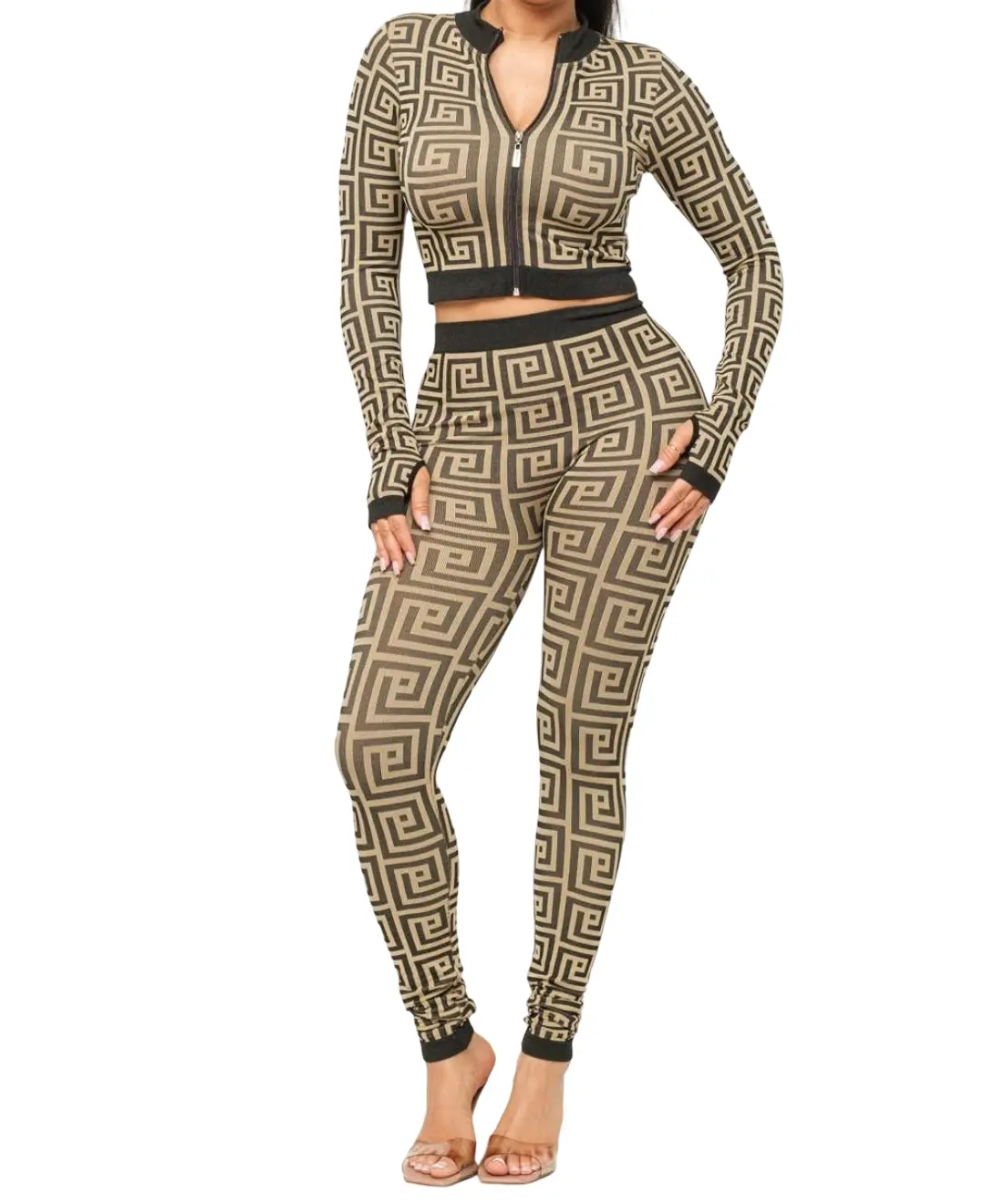 Women's 2-Piece Comfy Sporty Chic Geometric Print Tracksuit - Bodycon Fitted Nylon Polyester Rayon Outfit, Long Sleeve Zip-Up Crop Jacket, High-Waisted Leggings, Casual/Beach Wear, Hand Wash Compatible, Tops:16.14-17.32in, Bottoms:38.58-39.76in, Female St