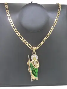Fashion Hip-Hop Saint Jude Charm Necklace, Plated 14k Gold St John Pendant Oxidized Zircon Religious Jewelry, 24 Inch Flat Chain Design, Religious Symbolism, Pendant Necklaces