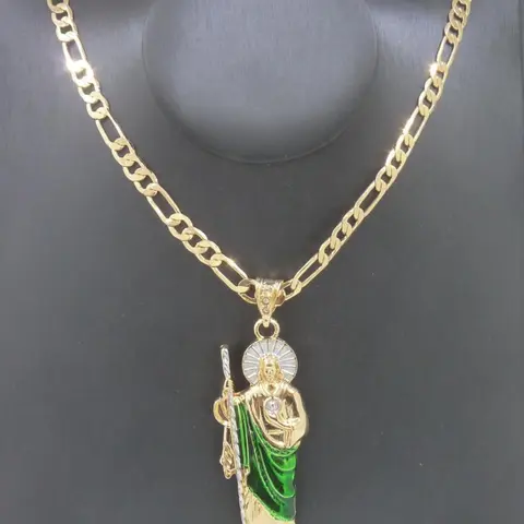 Fashion Hip-Hop Saint Jude Charm Necklace, Plated 14k Gold St John Pendant Oxidized Zircon Religious Jewelry, 24 Inch Flat Chain Design, Religious Symbolism, Faith Style Necklaces, Pendant Necklaces