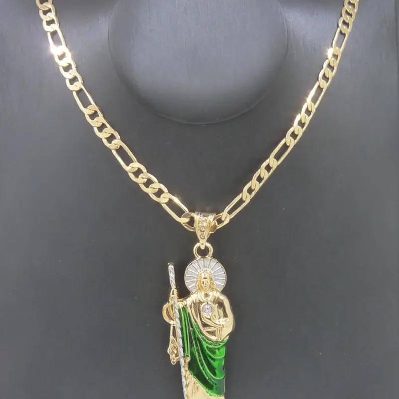 Fashion Hip-Hop Saint Jude Charm Necklace, Plated 14k Gold St John Pendant Oxidized Zircon Religious Jewelry, 24 Inch Flat Chain Design, Religious Symbolism, Faith Style Necklaces, Pendant Necklaces