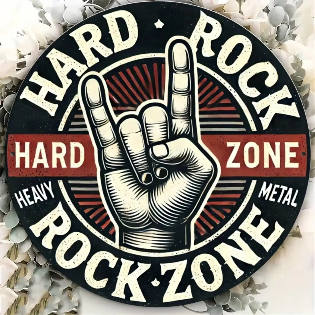Vintage Hard Rock Metal Sign, 8x8 Inch Round 2D Flat Design with Rock on Gesture, Durable Aluminum Wall Art Decoration, Decorative Sign