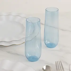 12 Pack Plastic Champagne Glasses in Transparent Blue, Reusable Lightweight Champagne Flutes 9oz