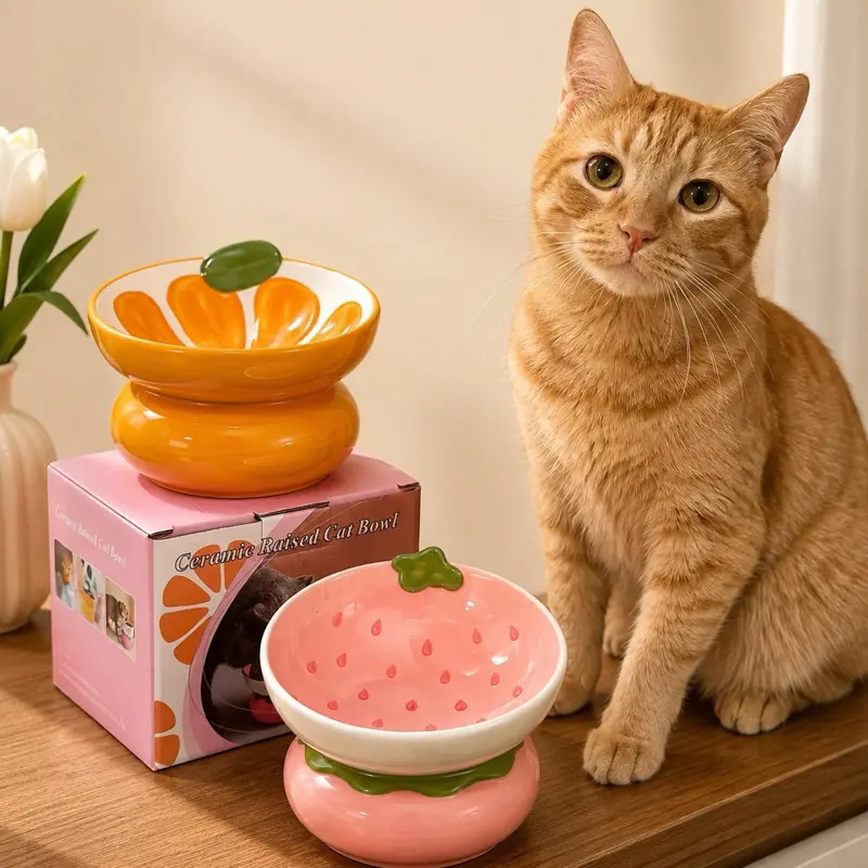 Cute Raised Ceramic Cat Bowl – Angled Whisker-Friendly Food & Water Bowl