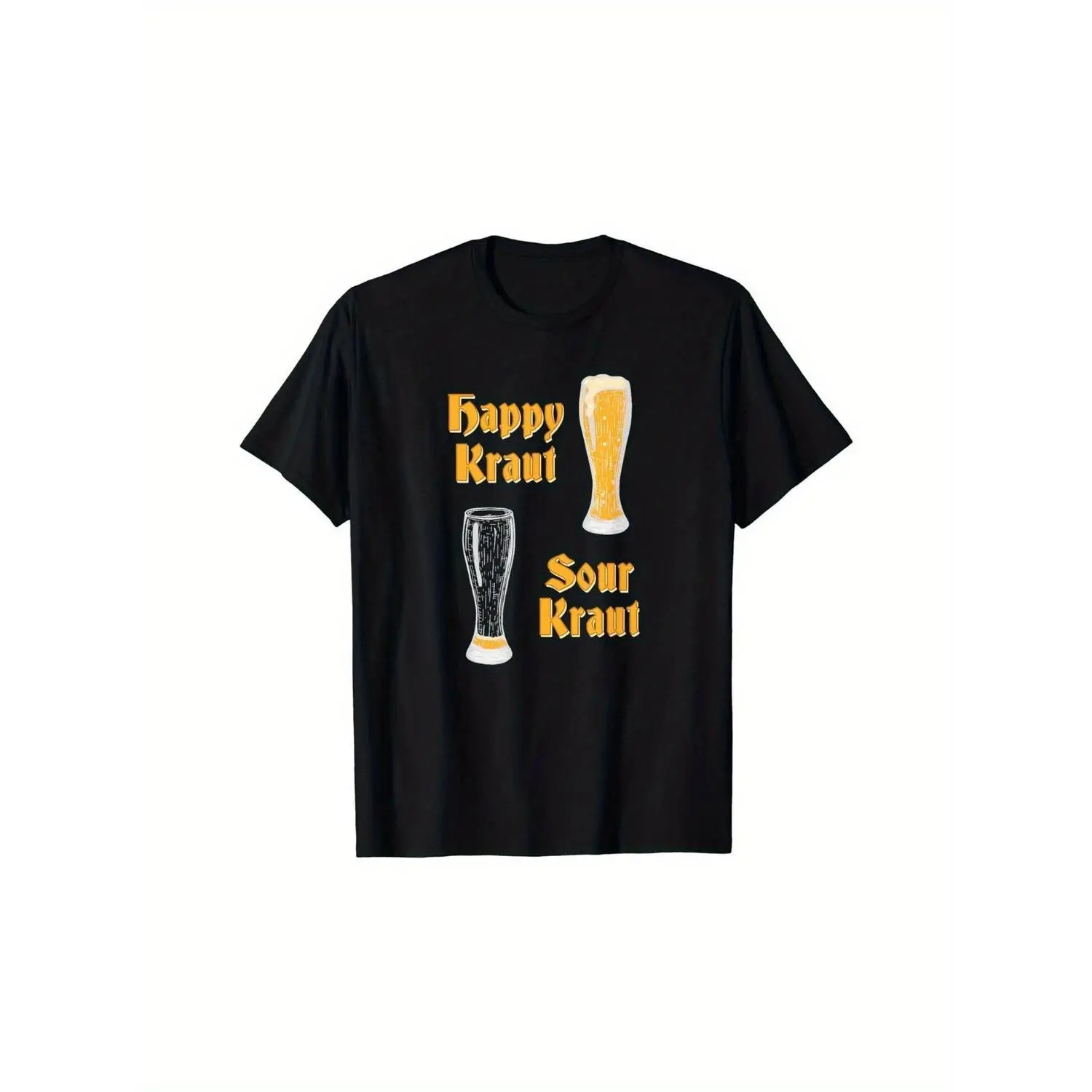 Men's Oktoberfest T-Shirt - Happy Kraut & Beer Mugs Graphic Tee in Black with Yellow Print - Soft Breathable Cotton Shirt for Oktoberfest Party, German Festival Outfit - Machine Washable Casual Top, Party Casualwear, Festive Design, Durable Print