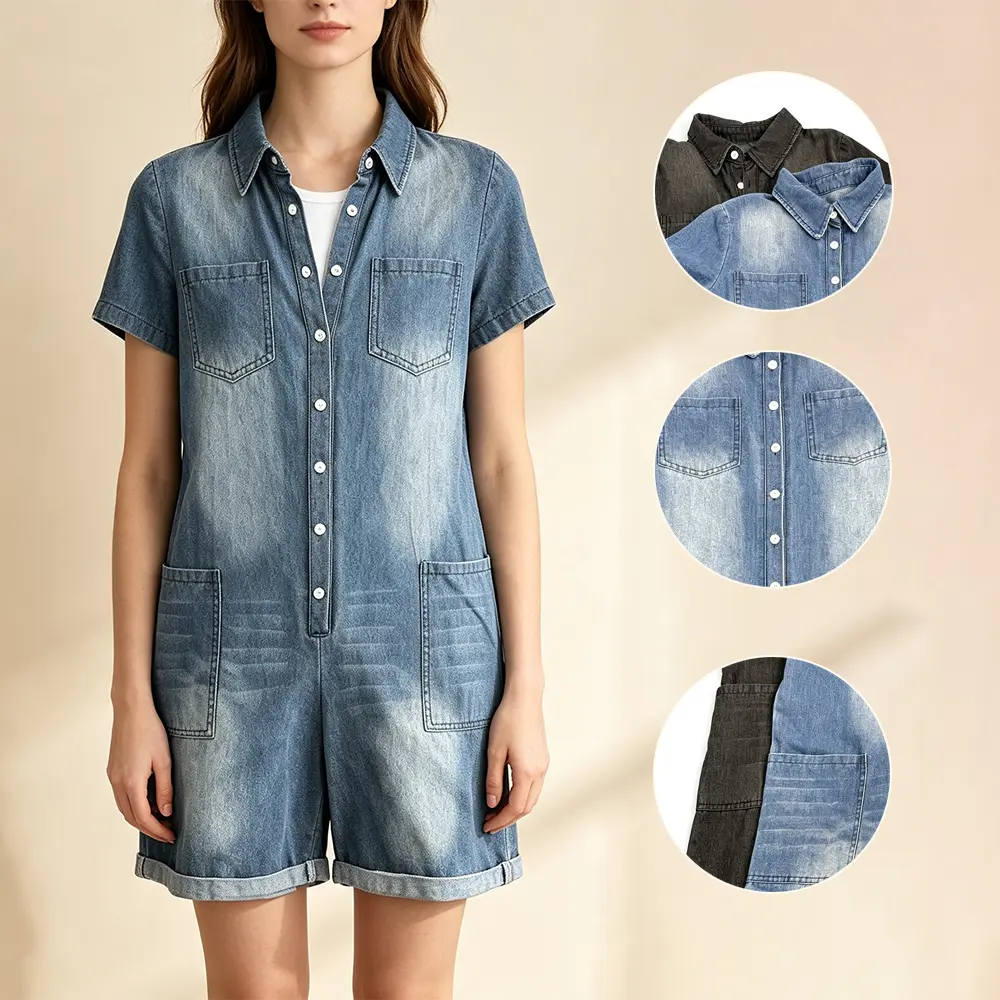 Women Vintage Black Washed Denim Romper Button Top Bermuda Short Casual Everyday Outfits Back-to-school season