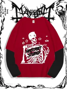 Men's Skeleton Print Contrast Trim Long Sleeve Tee, Regular Fit Casual Gothic Graphic Round Neck T-shirt for Daily Wear, Men's Top for All Seasons, Halloween