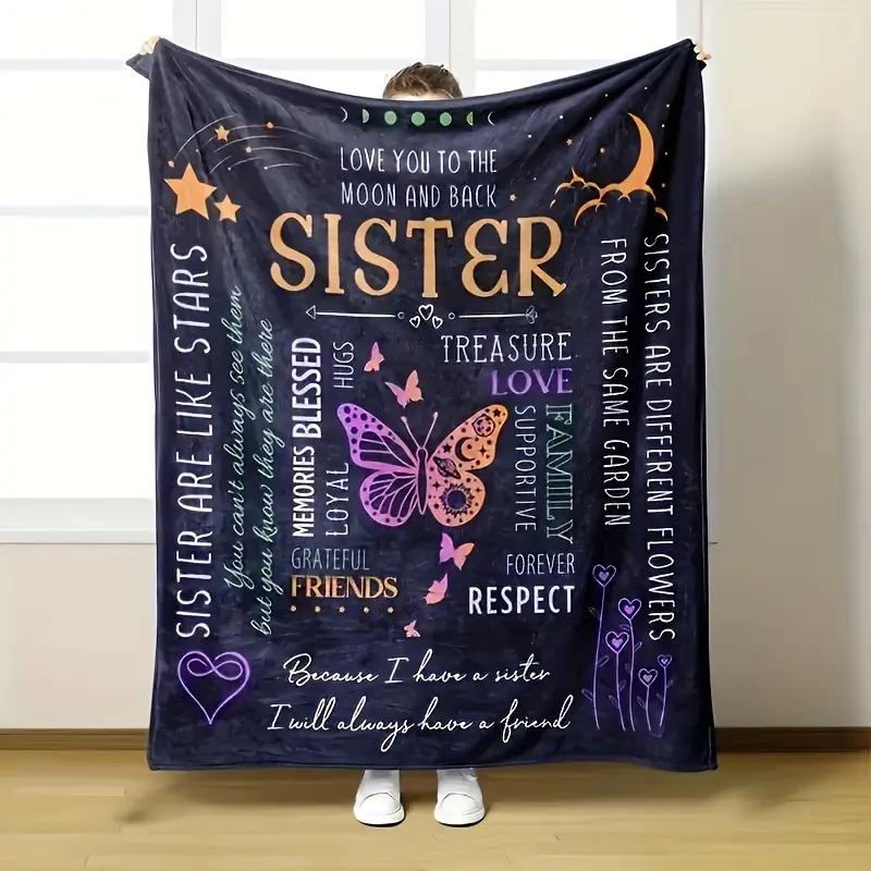 “A Letter To Sister” patterned flannel blanket—cozy, lightweight, warm; versatile office nap throw; outdoor camping travel blanket; all-season gift blanket; ideal for birthdays, Christmas, Halloween, and Thanksgiving.