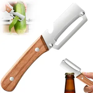 Two-In-One Kitchen Peeler, Stainless Steel Sharp Blade Carrot Potato Peeler with Wood Handle and Bottle Opener, Kitchen Tool for Fruits Vegetables Pumpkin Papaya Zucchini