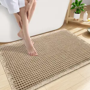Super absorbent bath mat, non-slip bath mat for bathroom floors, machine washable bathroom rug with tassel, waffle bath mat, super soft grid design