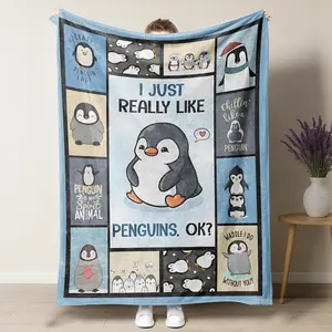 Christmas Gifts - Cartoon Penguin Print Flannel Blanket for Couch, Sofa, Office, Bed, Camping, and Traveling