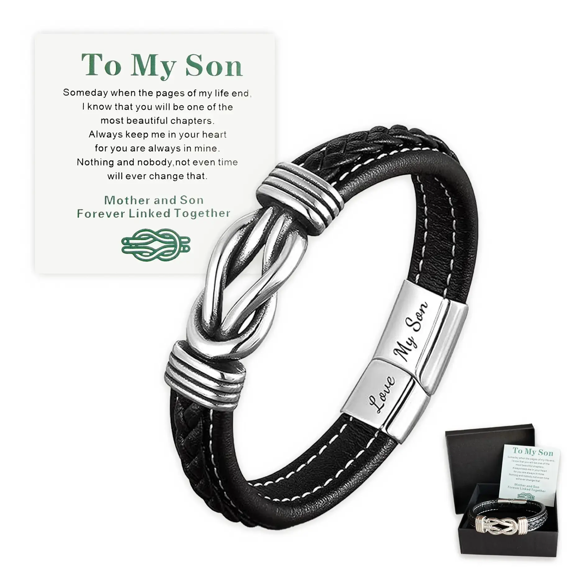 To My Son Engraved Bracelet, Handwoven Leather & Stainless Steel Infinity Knot Jewelry, Casual 8.5 Inch Gift for Birthday, Christmas, Thanksgiving, Metal Coating, Daily, 8.5 Inches, Magnetic Clasp, Durable Bracelet, Leather Braided Bracelet