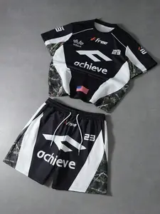 Retro Motorsport "achieve" Print Graphic T-Shirt & Camo Trim Shorts Matching Set For Men's Streetwear, Casual Daily Wear, Summer Outfit, Racing Style, Matching Co-Ord, Patchwork