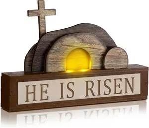 Empty Tomb Easter Scene and Cross Decoration He Is Risen Decor with Light String Wood Easter Tabletop Sign Christian Table Centerpiece Resurrection Scene Jesus Nativity Religious Home Decor
