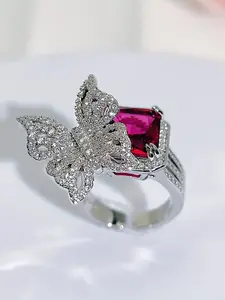 Charming Cut Red Cubic Zirconia 3D Butterfly Open Ring, Adjustable Silver Band, Elegant Party Statement Finger Ring for Women