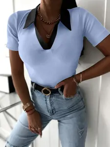 Women's Colorblock Polo Slim Fit Top, Sweet Cool Light Mature Style, Collared Layered Design, Pair with Jeans for Shopping