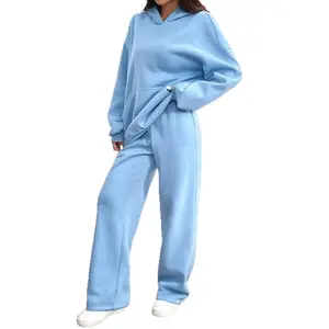 Women's Sage Green Fleece-Lined Two-Piece Loungewear Set, Oversized Cropped Hoodie and Wide Leg Sweatpants Outfit, Warm Casual Tracksuit for Fall & Winter