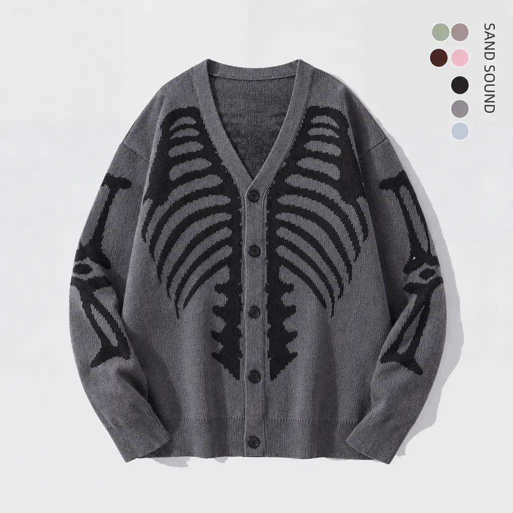 SAND SOUND Men's V-Neck Drop-Shoulder Button-Front Knit Cardigan - Long Regular Fit, Skeleton Print Graphic Clothing, Casual Daily Fall Halloween Fits, Gift for Boyfriend