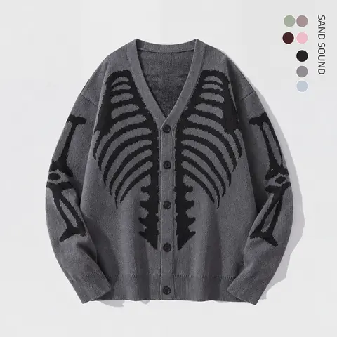 SAND SOUND Men's V-Neck Drop-Shoulder Button-Front Knit Cardigan - Long Regular Fit, Skeleton Print Graphic Clothing, Casual Daily Fall Halloween Fits, Gift for Boyfriend,sohochic