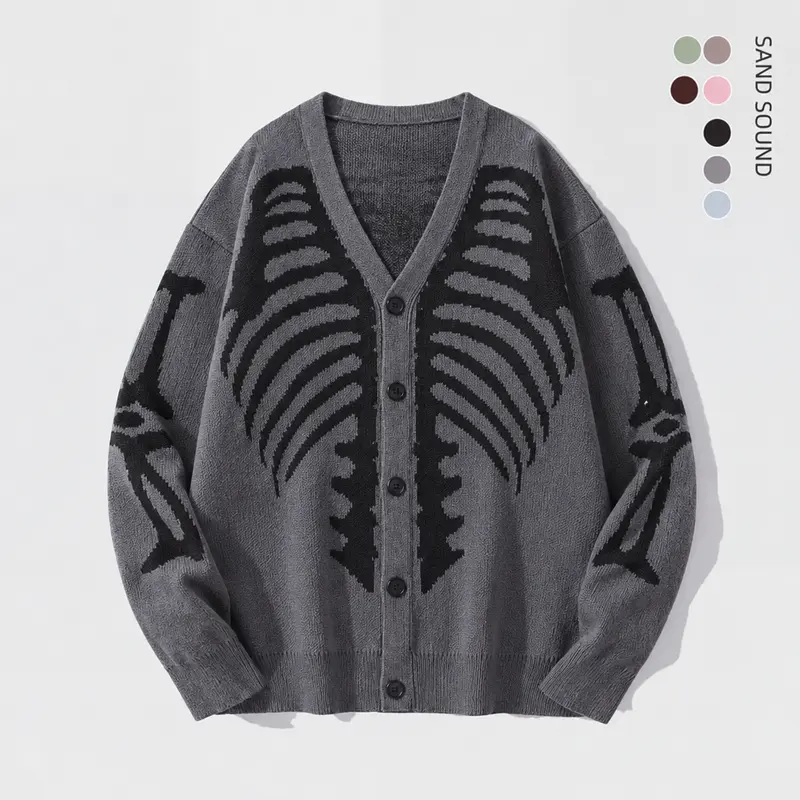 SAND SOUND Men's V-Neck Drop-Shoulder Button-Front Knit Cardigan - Long Regular Fit, Skeleton Print Graphic Clothing, Casual Daily Fall Halloween Fits, Gift for Boyfriend,sohochic