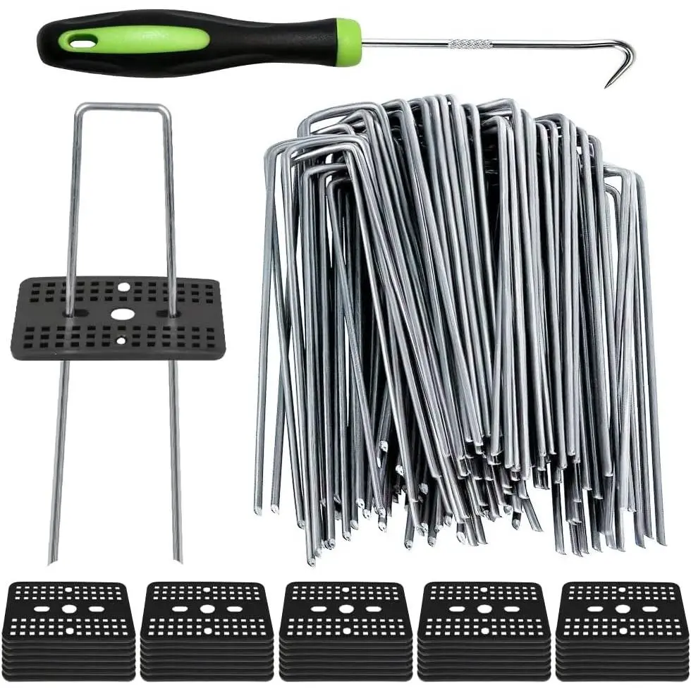 100 count Landscape Staples + 100 count Gasket, 6 Inch Garden Stakes Staples 11 Gauge U Shaped Galvanized Lawn Landscape Pins, Heavy Duty Yard Ground Pin for Weed Barrier Sod Fabric Decorations