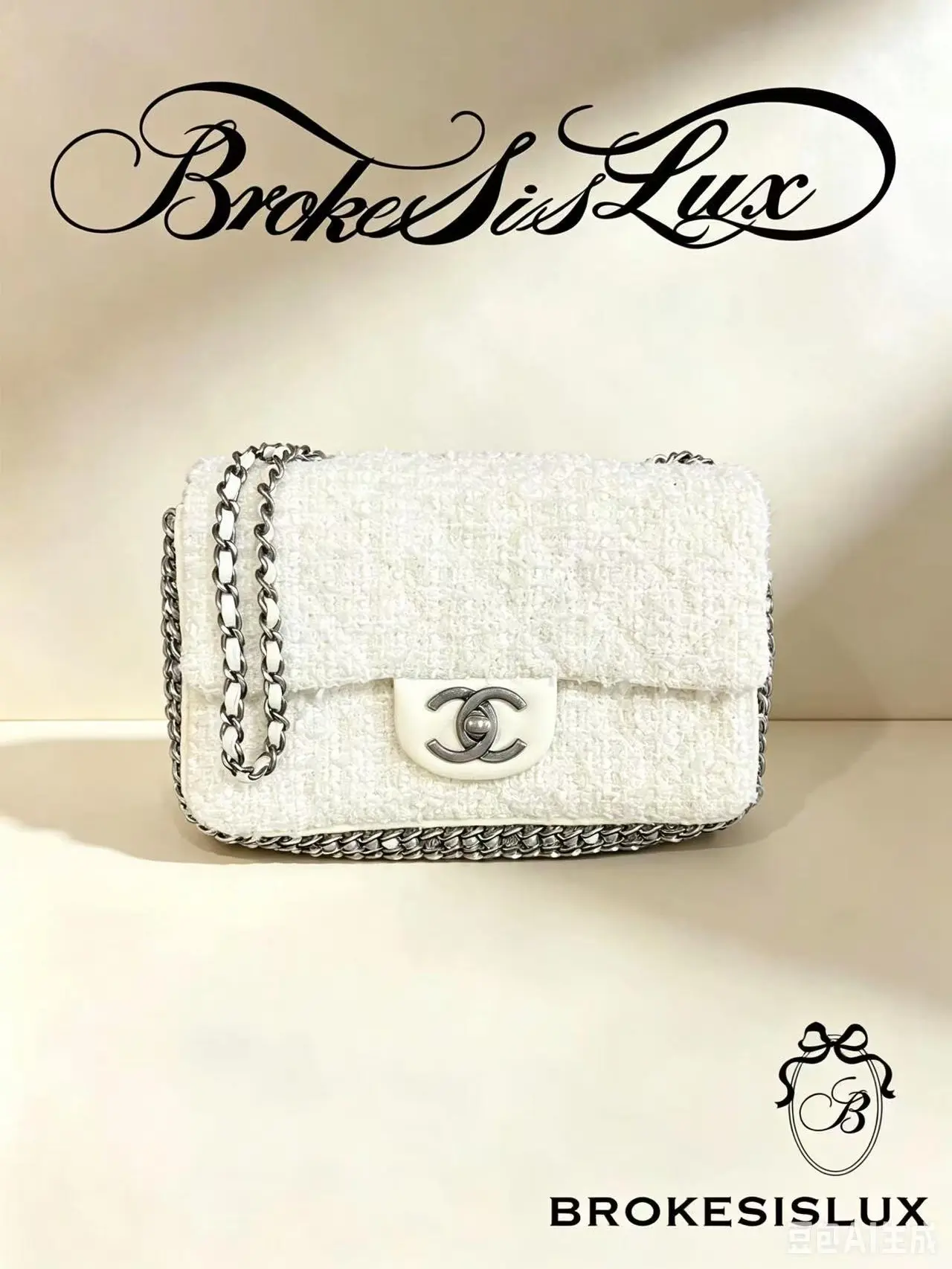 Pre-owned CHANEL Medium Classic Double Flap White Textured Tweed Crossbody Bag, Ruthenium Silver Hardware