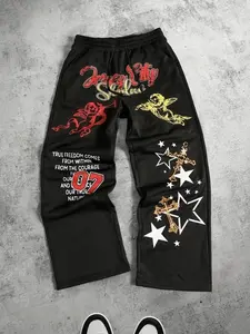 New Men Women American Vintage Street Straight Leg Pants, Angel Star Cross Print, Casual Fashion Trendy Youth Style