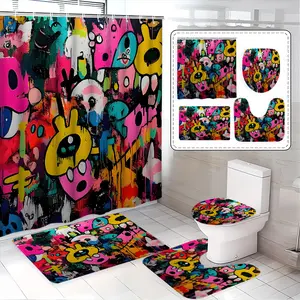 Street Style Graffiti Bathroom Shower Curtain Set, Shower Essentials, Includes Bath Mat, Toilet Cover, U-Shaped Pad, Elegant Home Decor, Perfect Gift for Friends and Family